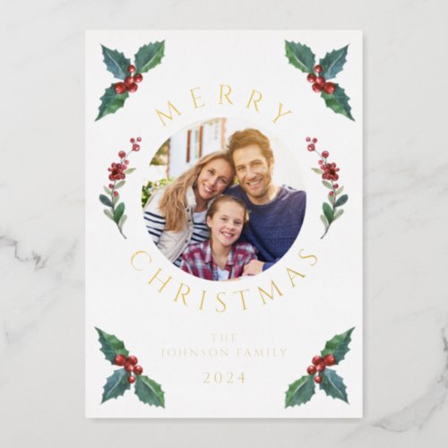 Modern Winter Greenery Christmas Gold Foil Holiday Card