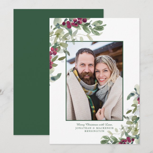 Modern Winter Greenery Christmas Holiday Photo Card (Front/Back)