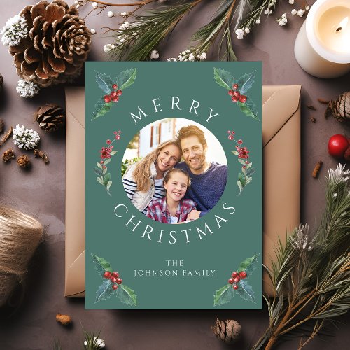 Modern Winter Greenery Christmas Photo  Holiday Card