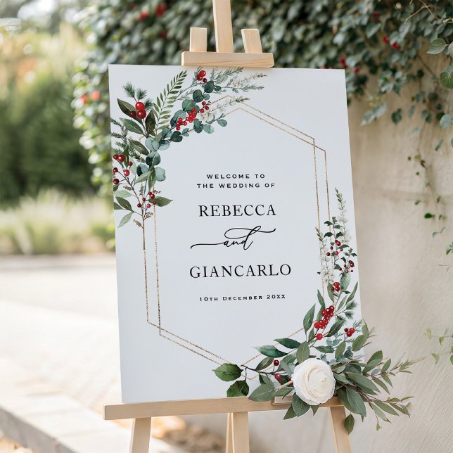 Modern Winter Greenery Red Berries Wedding Welcome Foam Board (Creator Uploaded)