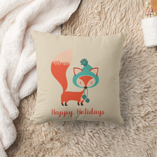 Modern Winter Hat Fox Holiday Throw Pillow (Blanket)