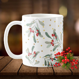 Modern Winter Holiday Botanicals Gold Dots Coffee Mug