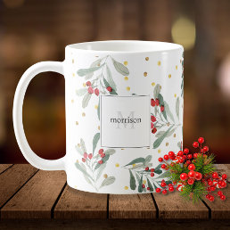 Modern Winter Holiday Botanicals Gold Monogram Coffee Mug