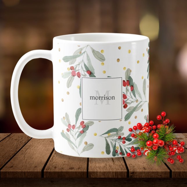Modern Winter Holiday Botanicals Gold Monogram Coffee Mug