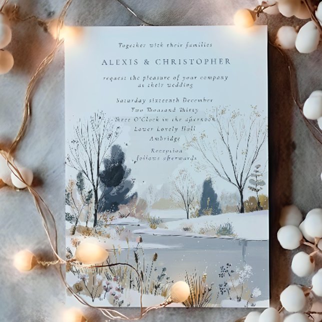 Modern Winter Lake Wedding Invitation (Creator Uploaded)