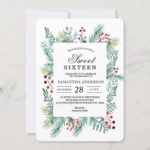 Modern Winter Leaf Frame Greenery Invitation