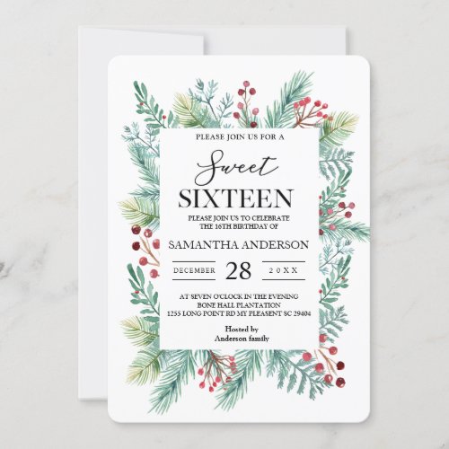 Modern Winter Leaf Frame Greenery Invitation