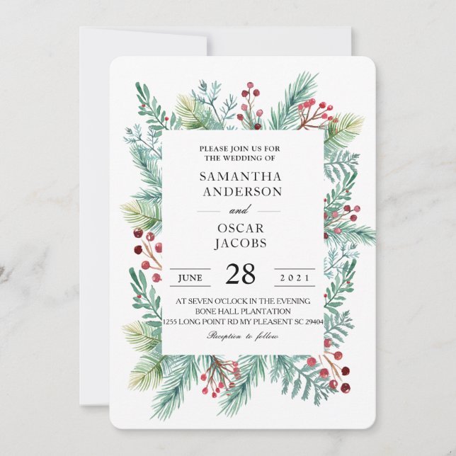 Modern Winter Leaf Frame Greenery Invitation (Front)