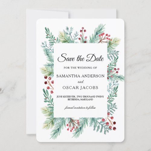 Modern Winter Leaf Frame Greenery Save The Date