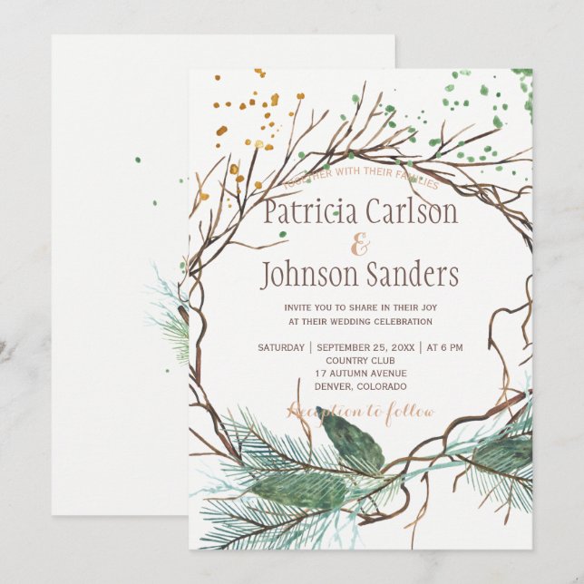 Modern winter nature wreath watercolor wedding invitation (Front/Back)