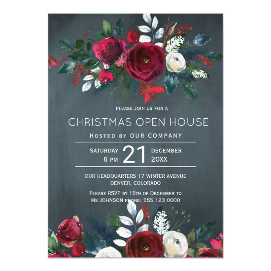Modern Winter Navy Red Floral Christmas Open House Invitation