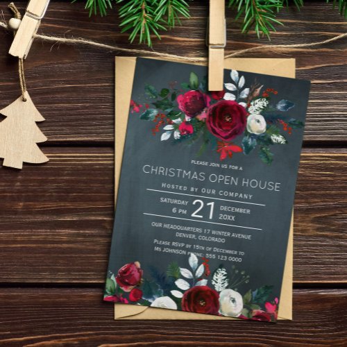 Modern Winter Navy Red Floral Christmas Open House Invitation