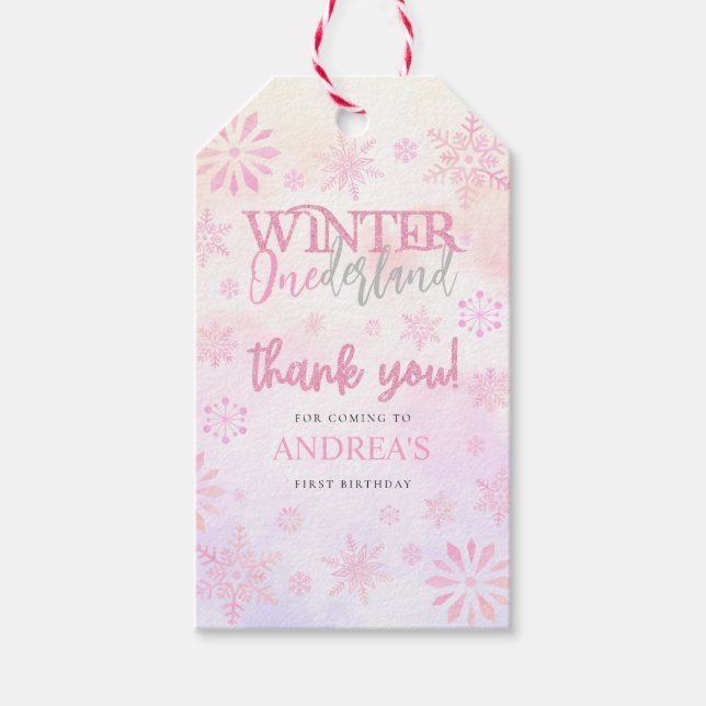 Modern Winter ONEderland Pink Girl 1st Birthday Gift Tags (Front)