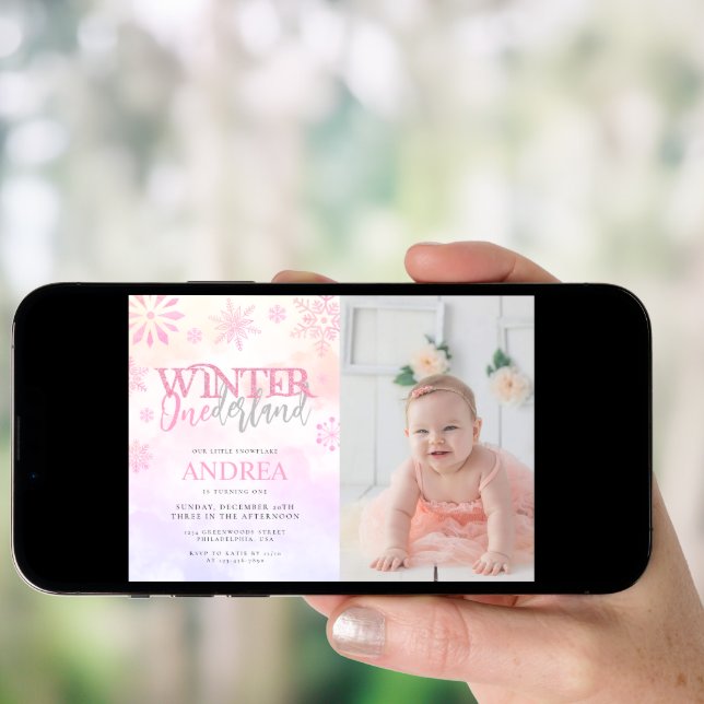 Modern Winter ONEderland Pink Girl 1st Birthday Invitation (Front Digital)