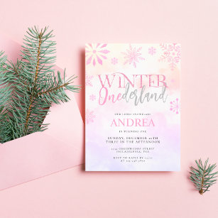 Modern Winter ONEderland Pink Girl 1st Birthday Invitation