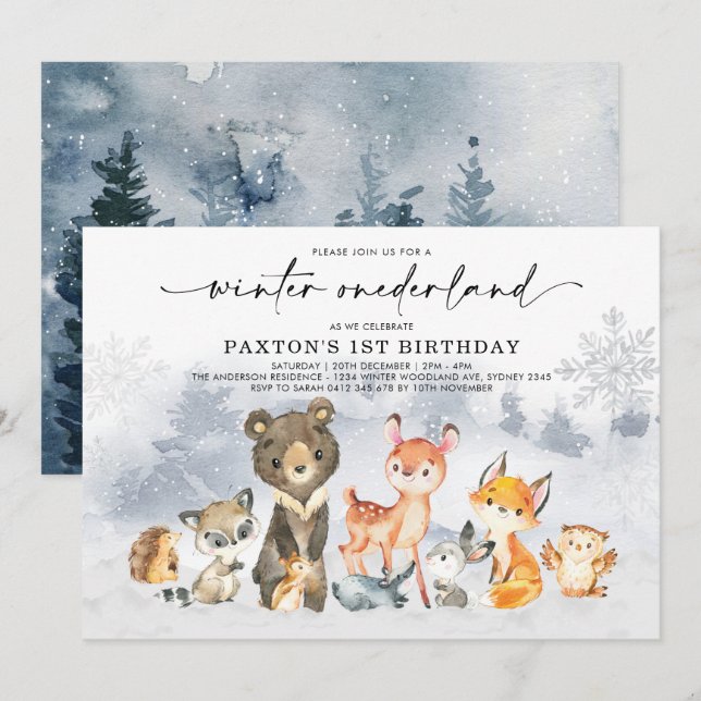 Modern Winter Onederland Woodland Forest Birthday Invitation (Front/Back)