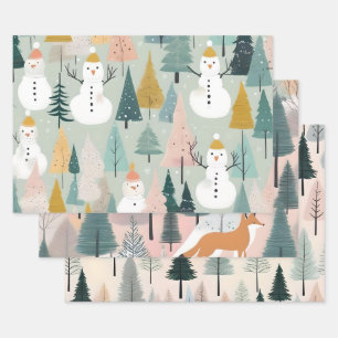 Modern Winter Pastel Snowman Foxes & Trees Greens Wrapping Paper Sheets
