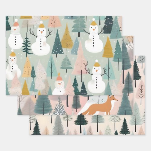 Modern Winter Pastel Snowman Foxes  Trees Greens Wrapping Paper Sheets