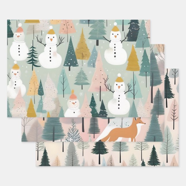 Modern Winter Pastel Snowman Foxes & Trees Greens Wrapping Paper Sheets (Set)