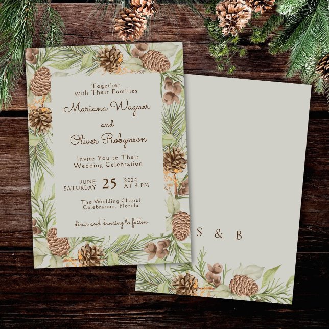 Modern Winter Pine Beige Elegant Wedding Invitation (Creator Uploaded)