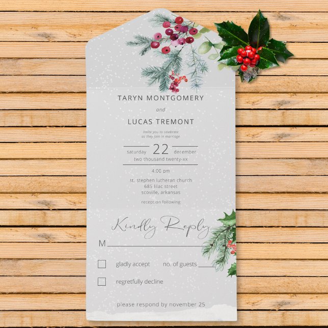 Modern Winter Pine Berries & Snow Gray No Dinner All In One Invitation (Also available with a QR code or with dinner selection options.)