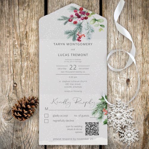 Modern Winter Pine Berries  Snow Gray QR Code All In One Invitation