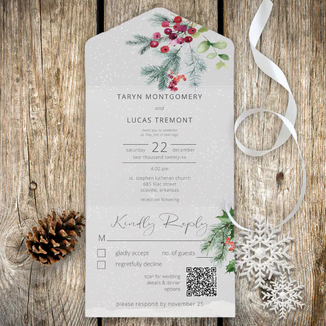 Modern Winter Pine Berries & Snow Gray QR Code All In One Invitation ...