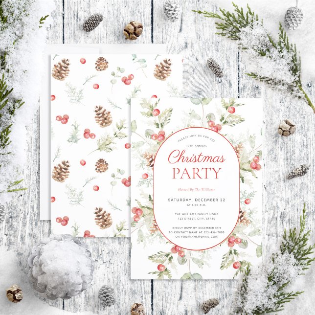Modern Winter Pine Berry Christmas Party Invitation (Creator Uploaded)