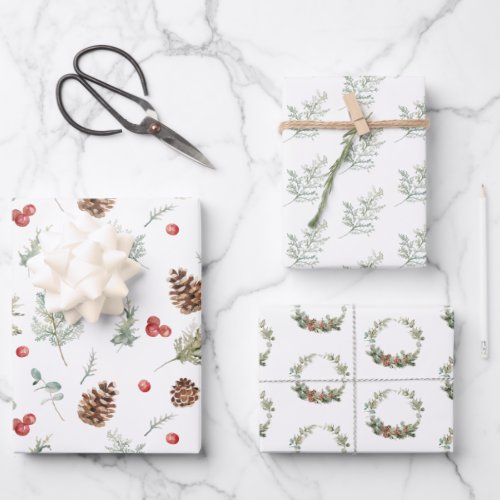Modern Winter Pine Berry Watercolor Wrapping Paper Sheets
