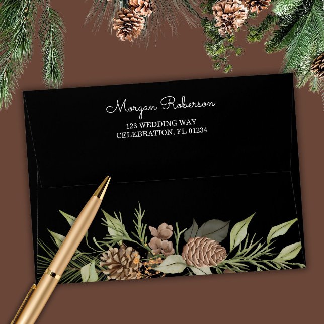 Modern Winter Pine Black and White Elegant Wedding Envelope (Creator Uploaded)