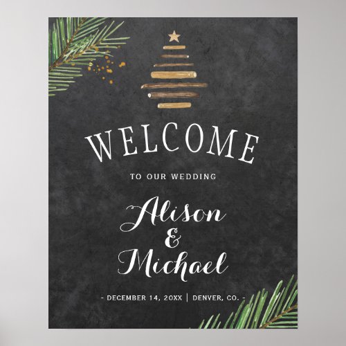 Modern winter pine chalkboard wedding welcome sign