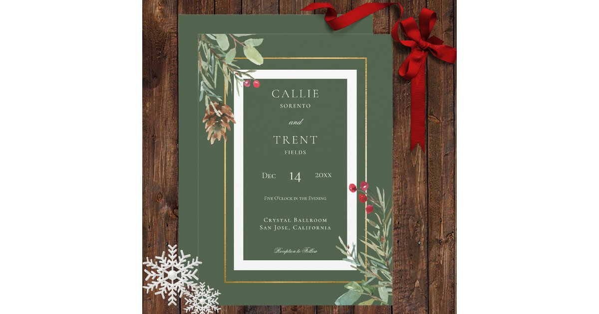 Modern Winter Pine Cone Berries Green Wedding Invitation | Zazzle