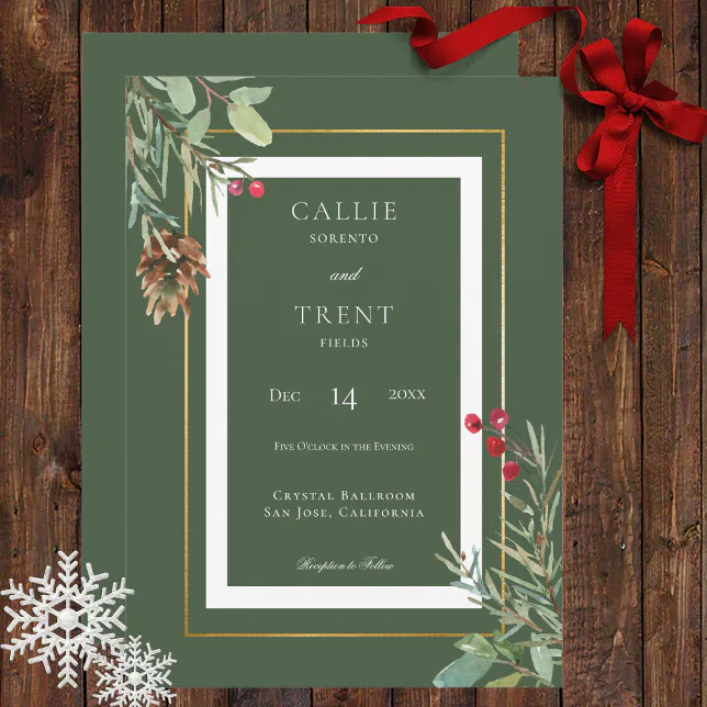 Modern Winter Pine Cone Berries Green Wedding Invitation | Zazzle