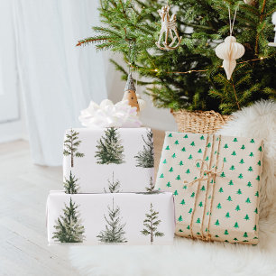 Modern Winter Pine Green Watercolor Tree Wrapping Paper