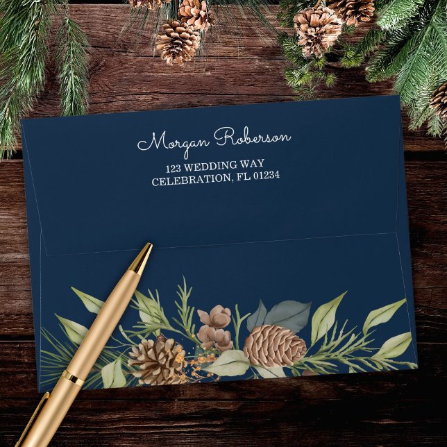 Modern Winter Pine Navy Blue Elegant Wedding Envelope (Creator Uploaded)