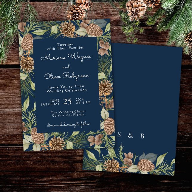 Modern Winter Pine Navy Blue Elegant Wedding Invitation (Creator Uploaded)