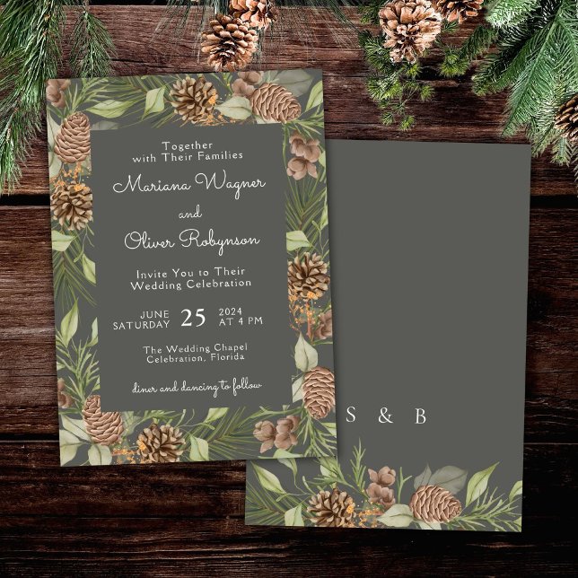 Modern Winter Pine Stone Gray Elegant Wedding Invitation (Creator Uploaded)