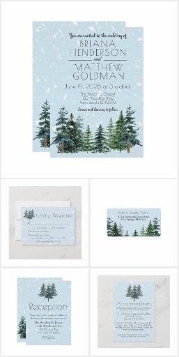 Modern Winter Pine Trees Wedding Invitation Suite