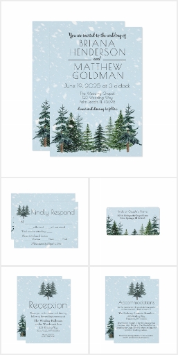 Modern Winter Pine Trees Wedding Invitation Suite