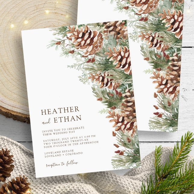 Modern Winter Pine Wedding Invitation (Modern Pine Watercolor Wedding Invitation by Painted Paperie
)