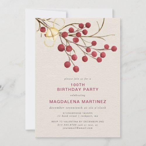 Modern Winter Red Berry 100th Birthday Party Invitation