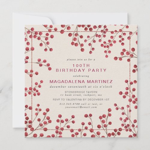 Modern Winter Red Berry 100th Birthday Party Invitation