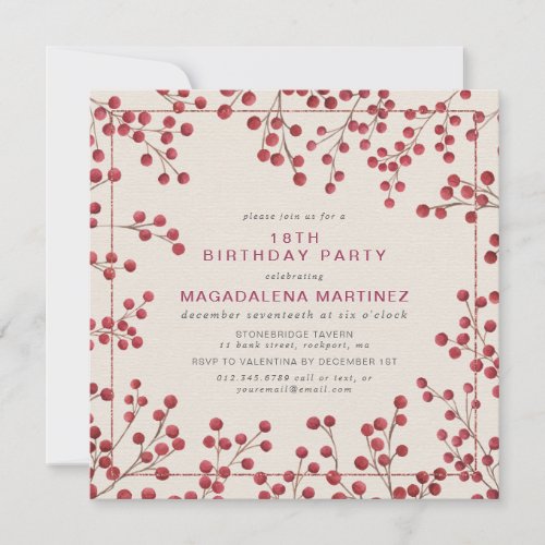 Modern Winter Red Berry 18th Birthday Party Invitation