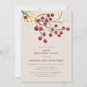Modern Winter Red Berry 30th Birthday Party Invitation