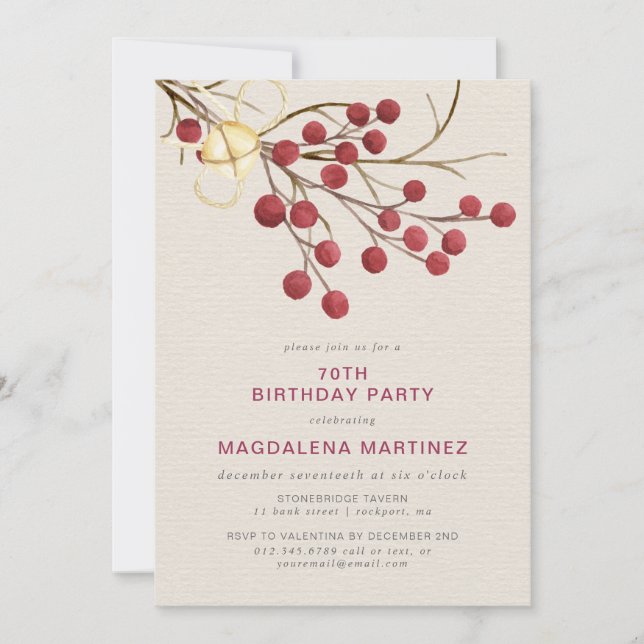Modern Winter Red Berry 70th Birthday Party Invitation (Front)