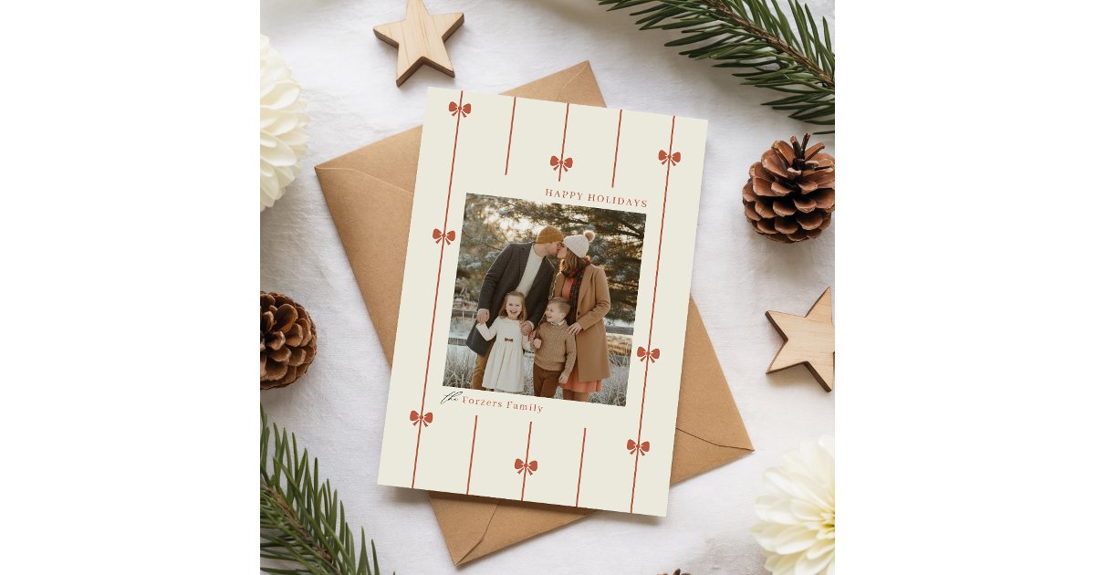 Modern Winter Red Bow Family Photo Christmas Holiday Card | Zazzle