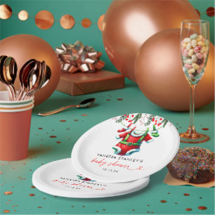 Modern Winter Red Christmas Santa Baby Shower Paper Plates