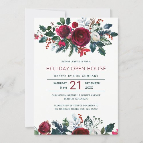 Modern winter red flowers holiday open house invitation