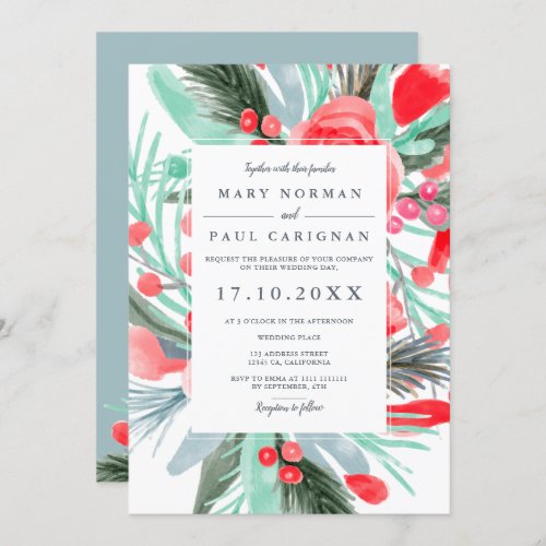 Modern winter red green floral watercolor wedding invitation