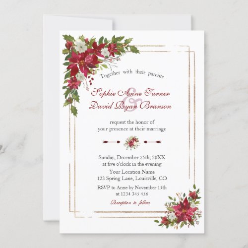 Modern Winter Red White Poinsettia Gold Wedding Invitation